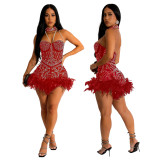 Beaded Feather Jumpsuit Fashion Sexy Formal Party Short Women Club Romper