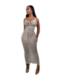 Casual Solid Color Knitted Hollow Out Cami Beach Dress