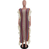 Women's Ruffled Knitting Striped Slit Maxi Dress