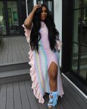 Women's Ruffled Knitting Striped Slit Maxi Dress