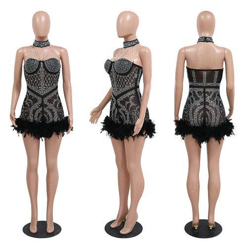 Beaded Feather Jumpsuit Fashion Sexy Formal Party Short Women Club Romper