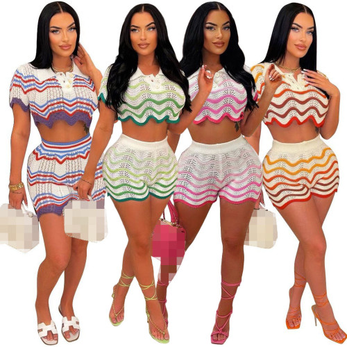 Women Knitting Casual Stripe Short Sleeve Top and Shorts Two Piece Set