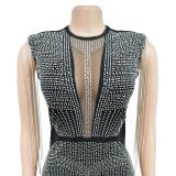 Women's Fashion Solid Color Mesh Beaded Sleeveless Club Dress