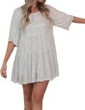 Loose Fit Short Sleeves and Pleated Round Neckline Shimmering Mini Dress