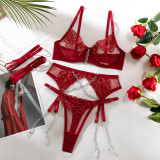 Metallic Chain Embroidery with Leg Garter Four-Piece Sexy Lingerie Set