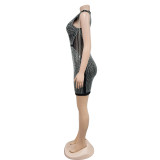Women's Fashion Solid Color Mesh Beaded Sleeveless Club Dress