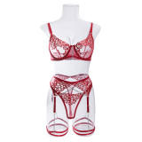 Metallic Chain Embroidery with Leg Garter Four-Piece Sexy Lingerie Set