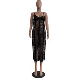 Casual Solid Color Knitted Hollow Out Cami Beach Dress