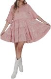 Loose Fit Short Sleeves and Pleated Round Neckline Shimmering Mini Dress