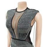 Women's Fashion Solid Color Mesh Beaded Sleeveless Club Dress