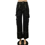 Ladies Cargo Suspenders Loose Casual Denim Trousers