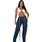 Ladies Cargo Suspenders Loose Casual Denim Trousers