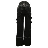Ladies Cargo Suspenders Loose Casual Denim Trousers