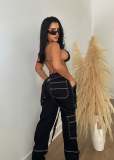 Ladies Cargo Suspenders Loose Casual Denim Trousers