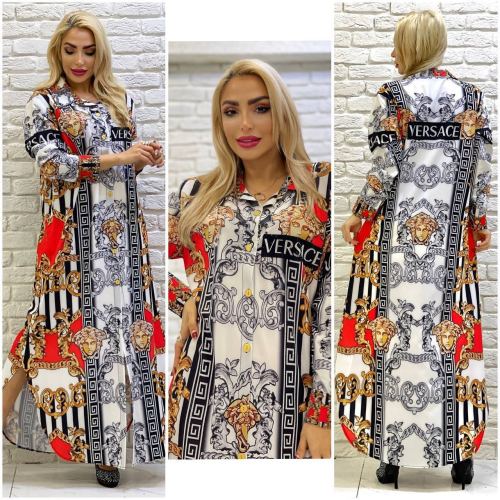 Autumn Fashion Printing Ladies Long Sleeve Lapel Long Dresses