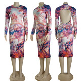 Casual Printed Hollow Out Backless Bodycon Midi Dress