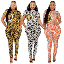 Casual Round Neck Short Sleeve Print Ladies Women's Tracksuits Set