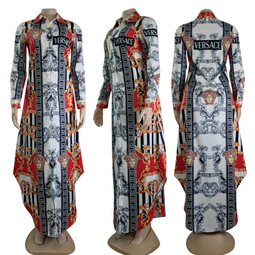 Autumn Fashion Printing Ladies Long Sleeve Lapel Long Dresses