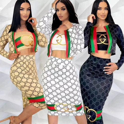 Three Piece High Elastic Wrapped Crop Top Skirt Set with Crop Cardigan