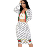 Three Piece High Elastic Wrapped Crop Top Skirt Set with Crop Cardigan