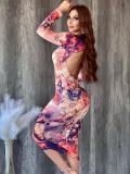 Casual Printed Hollow Out Backless Bodycon Midi Dress