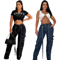 Ladies Cargo Suspenders Loose Casual Denim Trousers