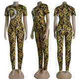 Casual Round Neck Short Sleeve Print Ladies Women's Tracksuits Set