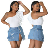 Nightclub Wear Ripped Pocket Split Denim Skirt