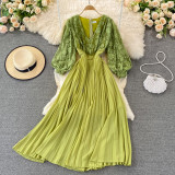 Lace-Panelled V-Neck and Long Sleeves Pleated Maxi Dress
