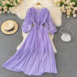 Lace-Panelled V-Neck and Long Sleeves Pleated Maxi Dress