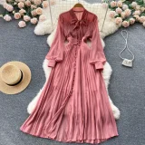 Butterfly Knot Belted Waist Cinching Ruffle Hem Pleated Dress