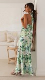 Fashionable Neck Strap Backless Printed Midi Dress