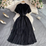 Round Neck Sweet and Ethereal A-line Pleated Dress without Belt