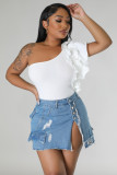 Nightclub Wear Ripped Pocket Split Denim Skirt