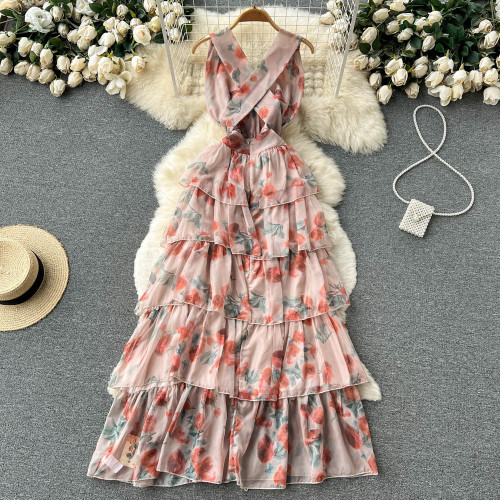 Sexy Backless Slim-fit Multi-layered Ruffled Hem Midi Dress