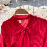Butterfly Knot Belted Waist Cinching Ruffle Hem Pleated Dress