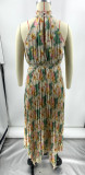 Printed Pleated Solid Color Sleeveless Halter V-neck Irregular Hem Dress