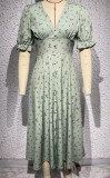 V-neckline Button Closure and Lantern Sleeves Printed Midi Dress