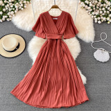 Elegant V-neck  Pleated Slim-fit Long Chiffon Pleated Solid Color Dress