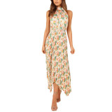 Printed Pleated Solid Color Sleeveless Halter V-neck Irregular Hem Dress