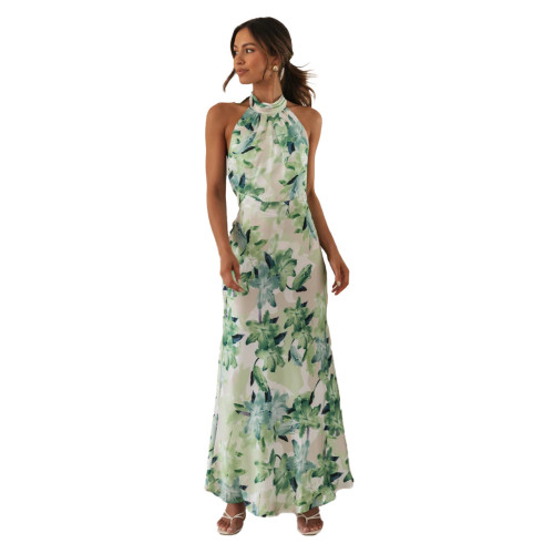 Fashionable Neck Strap Backless Printed Midi Dress