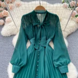 Butterfly Knot Belted Waist Cinching Ruffle Hem Pleated Dress
