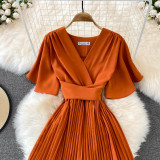 Elegant V-neck  Pleated Slim-fit Long Chiffon Pleated Solid Color Dress