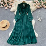 Butterfly Knot Belted Waist Cinching Ruffle Hem Pleated Dress