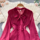 Butterfly Knot Belted Waist Cinching Ruffle Hem Pleated Dress
