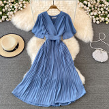 Elegant V-neck  Pleated Slim-fit Long Chiffon Pleated Solid Color Dress