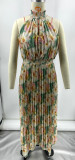 Printed Pleated Solid Color Sleeveless Halter V-neck Irregular Hem Dress