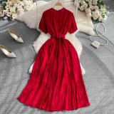 Round Neck Sweet and Ethereal A-line Pleated Dress without Belt
