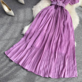 Round Neck Sweet and Ethereal A-line Pleated Dress without Belt