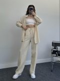 Elegant Long-Sleeve Wrinkle Shirt and Elastic Waist Long Pants Two-Piece Set